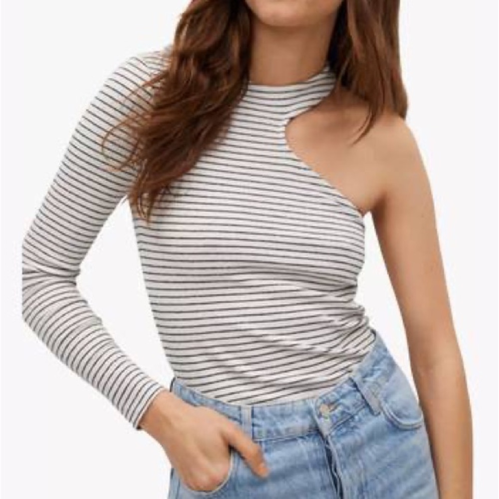 NWT MANGO One Shoulder Top Stripes Black and White Recycled Cotton Size M